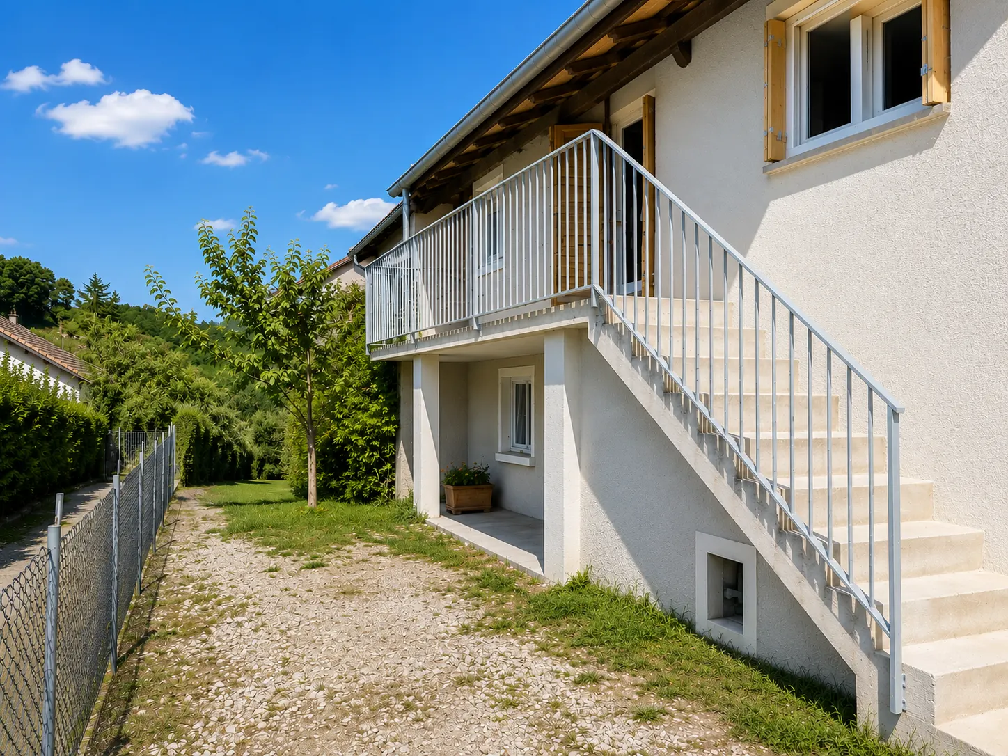 Maison blanche avec escalier extérieur et balcon équipés de garde-corps métalliques.