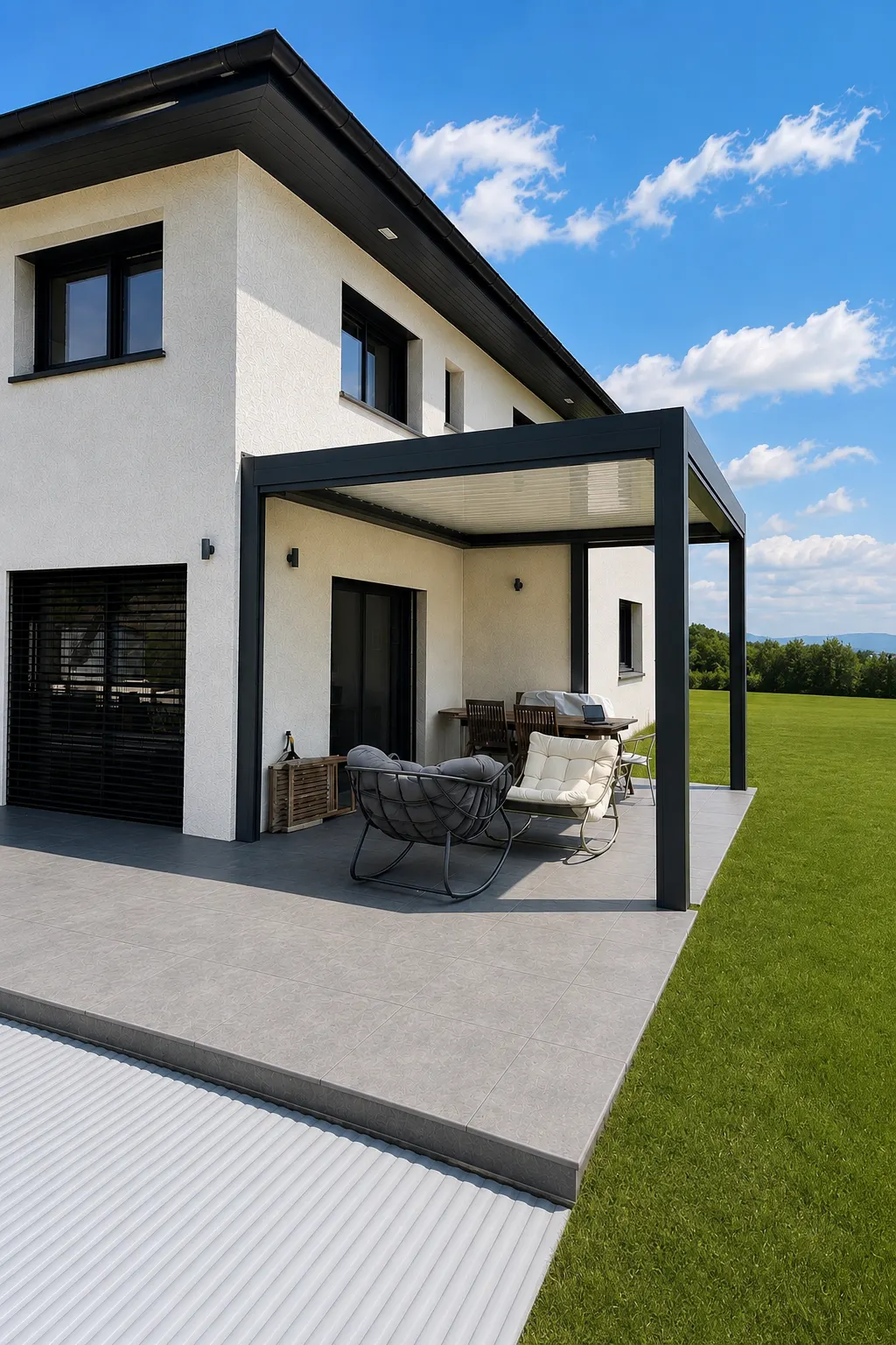 Pergola noire sur la terrasse d’une maison contemporaine blanche.